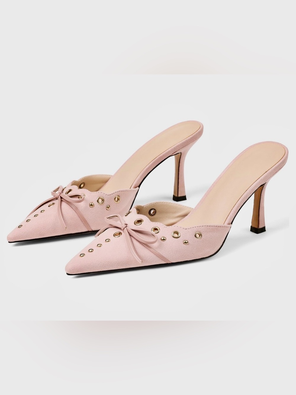 Pointed Pink Bow-Detail Studded Mules